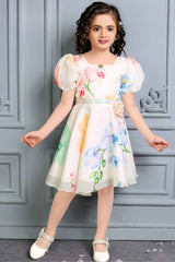 Off White Casual Floral Printed Frock For Girls