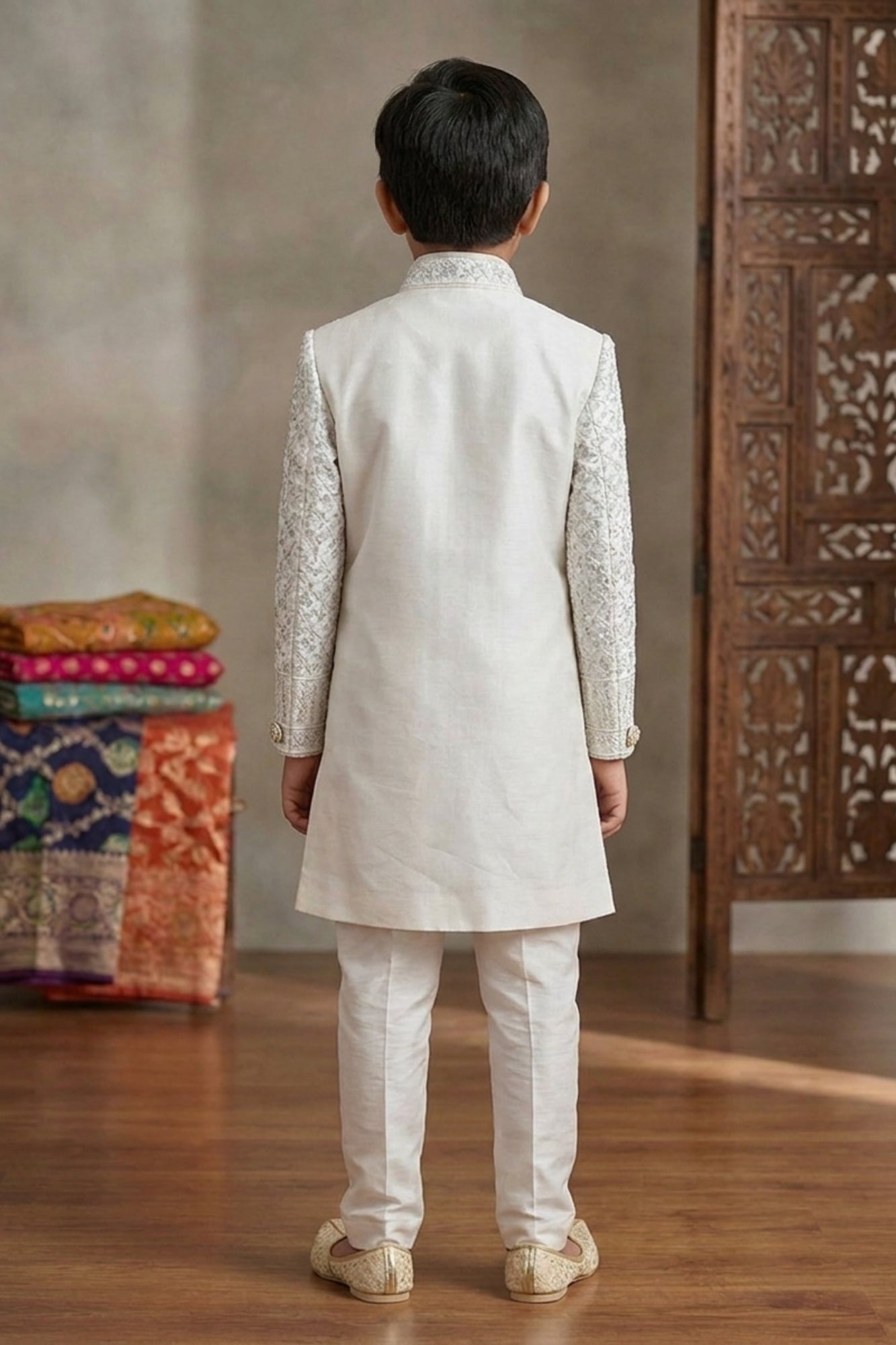 White Embroidered Indo Western Sherwani Set For Boys