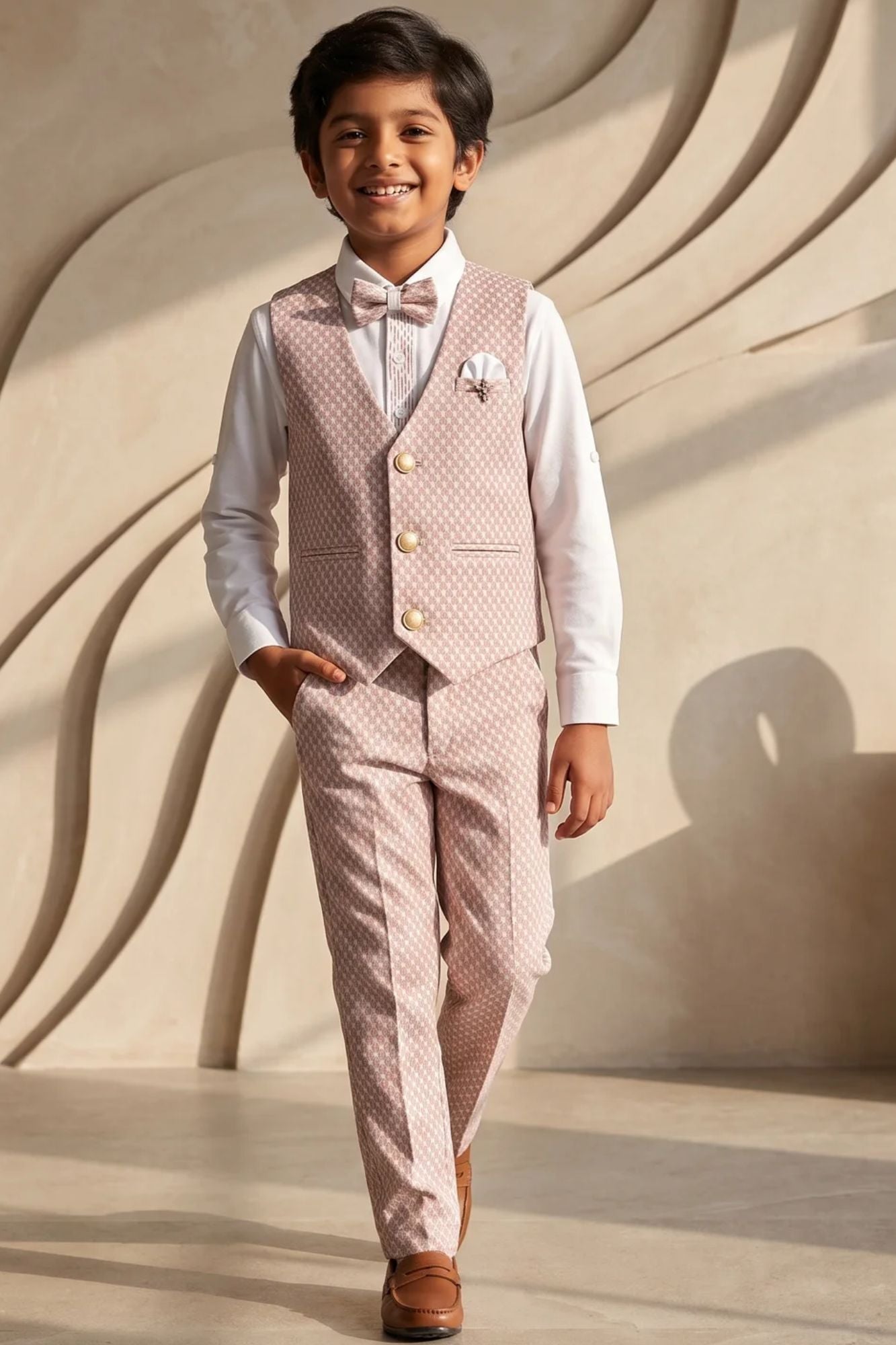 Boys Peach Waistcoat Suit Set with Bow Tie