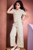 Girls Beige Top And Pants Set with Multicolor Embroidery