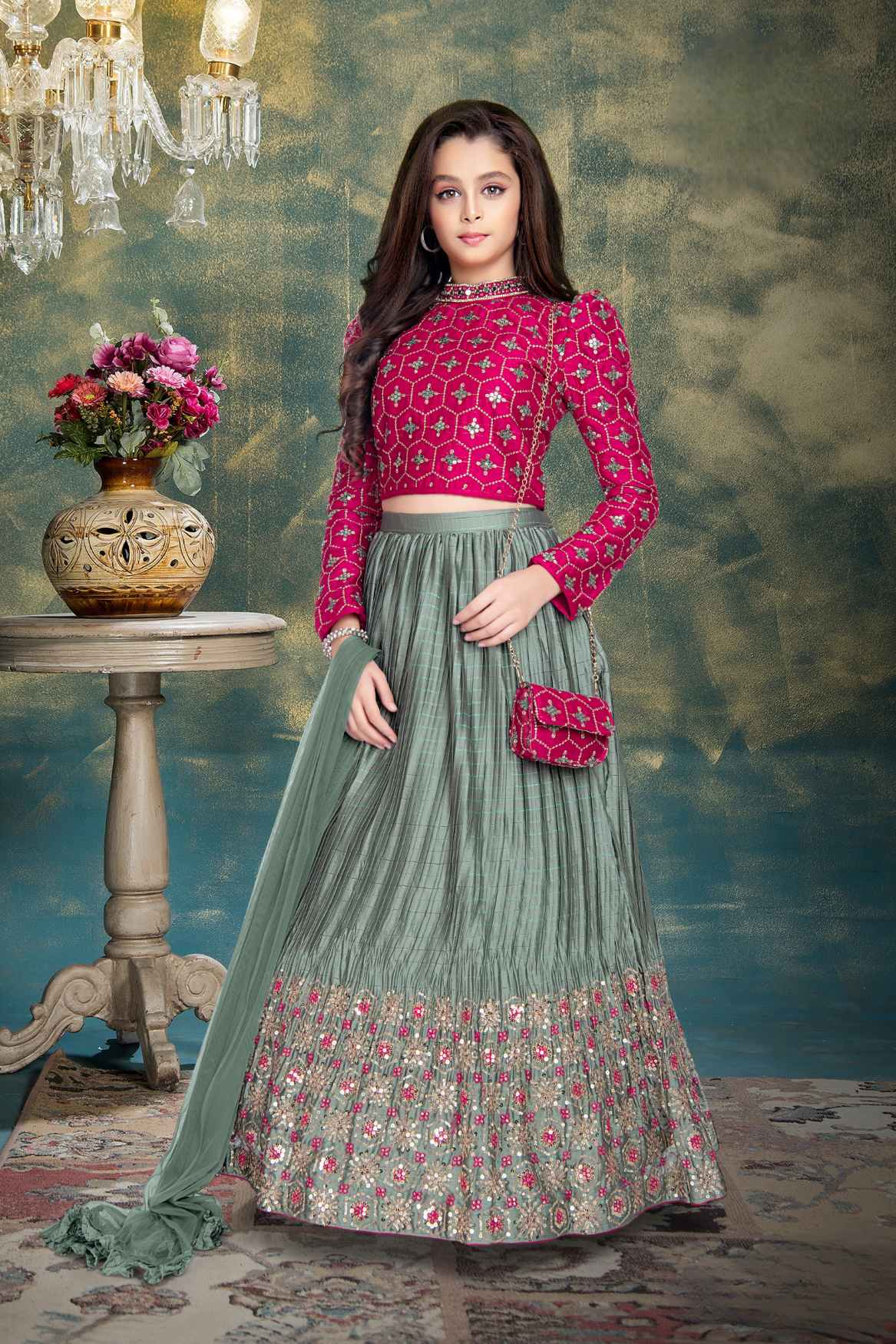 Rani Pink Full Sleeves Lehenga Choli Set With Sequins Work For Girls
