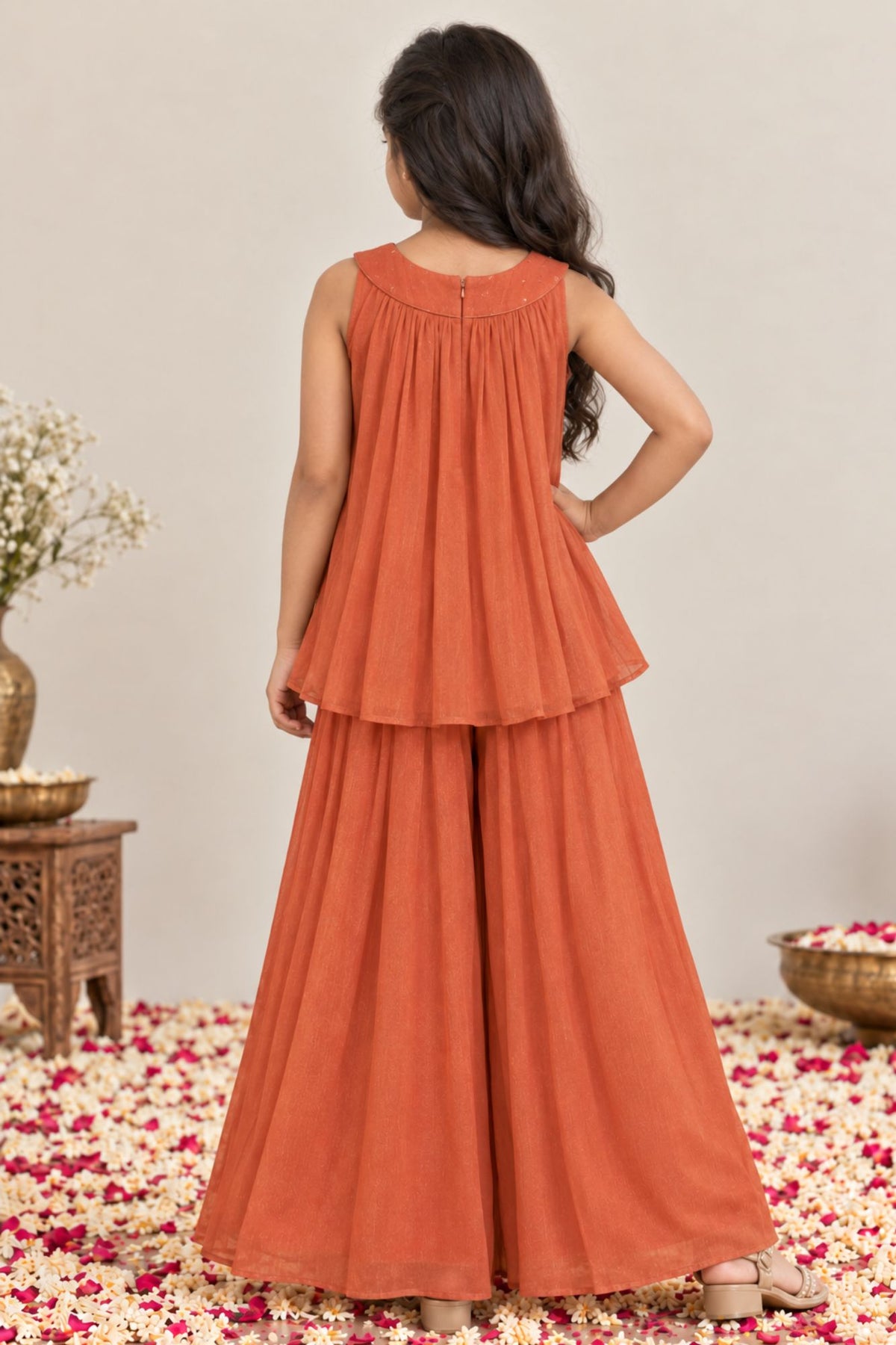 Girls Rust Orange Floral Sequin Embellished Palazzo Set With Dupatta