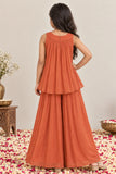 Girls Rust Orange Floral Sequin Embellished Palazzo Set With Dupatta