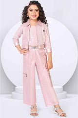 Pink Sequins Worked Co Ord Sets With Overcoat For Girls