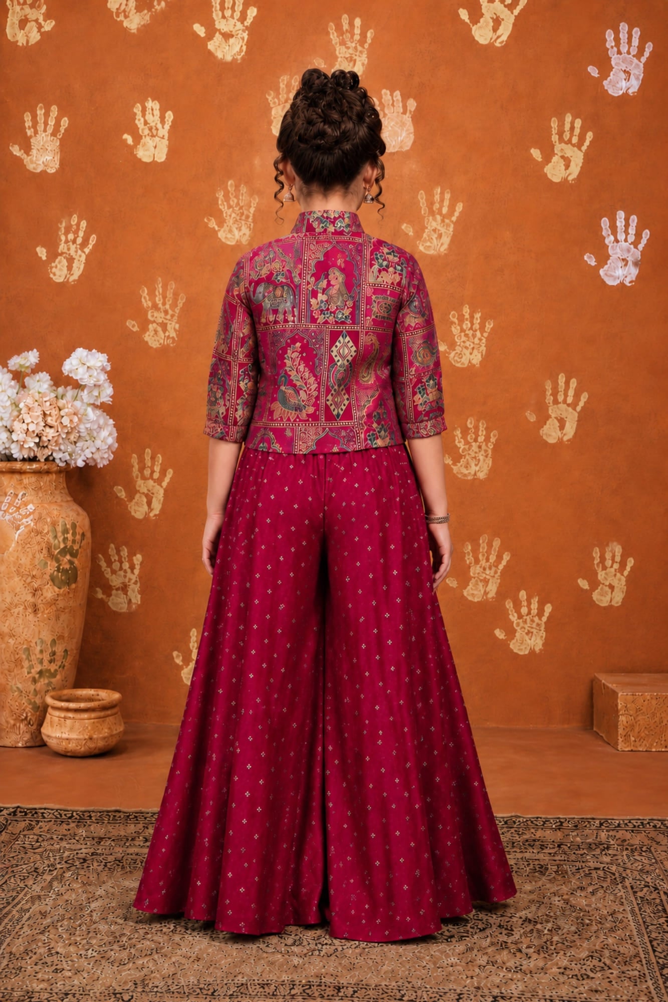 Girls Rani Pink Printed Palazzo Set with Jacket and Palazzo Pants