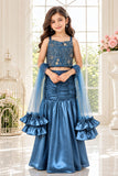 Blue Sequin Embellished Mermaid Lehenga Set For Girls