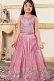 Pink Embroidered Lehenga Choli Set with Floral Thread Work For Girls