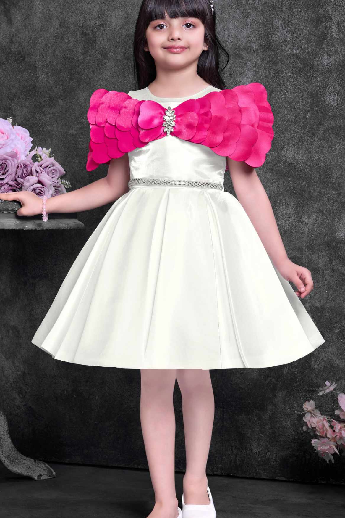 Off-White Party Wear Frock with Pink Bow Appliqué And Flared Skirt For Girls
