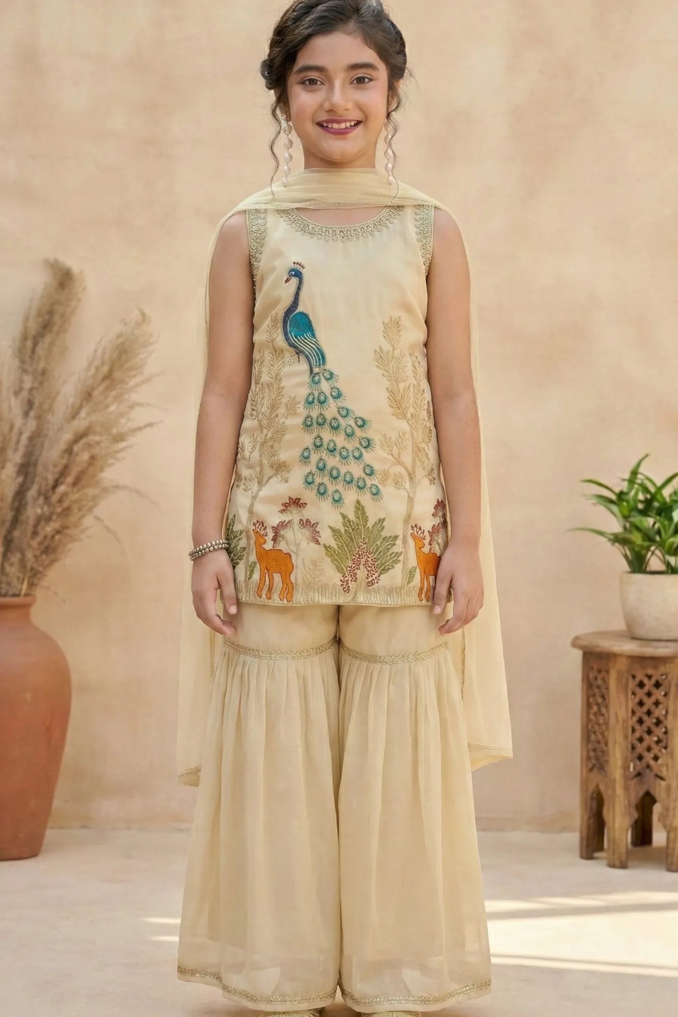Cream Peacock Embroidered Sharara Set with Dupatta For Girls