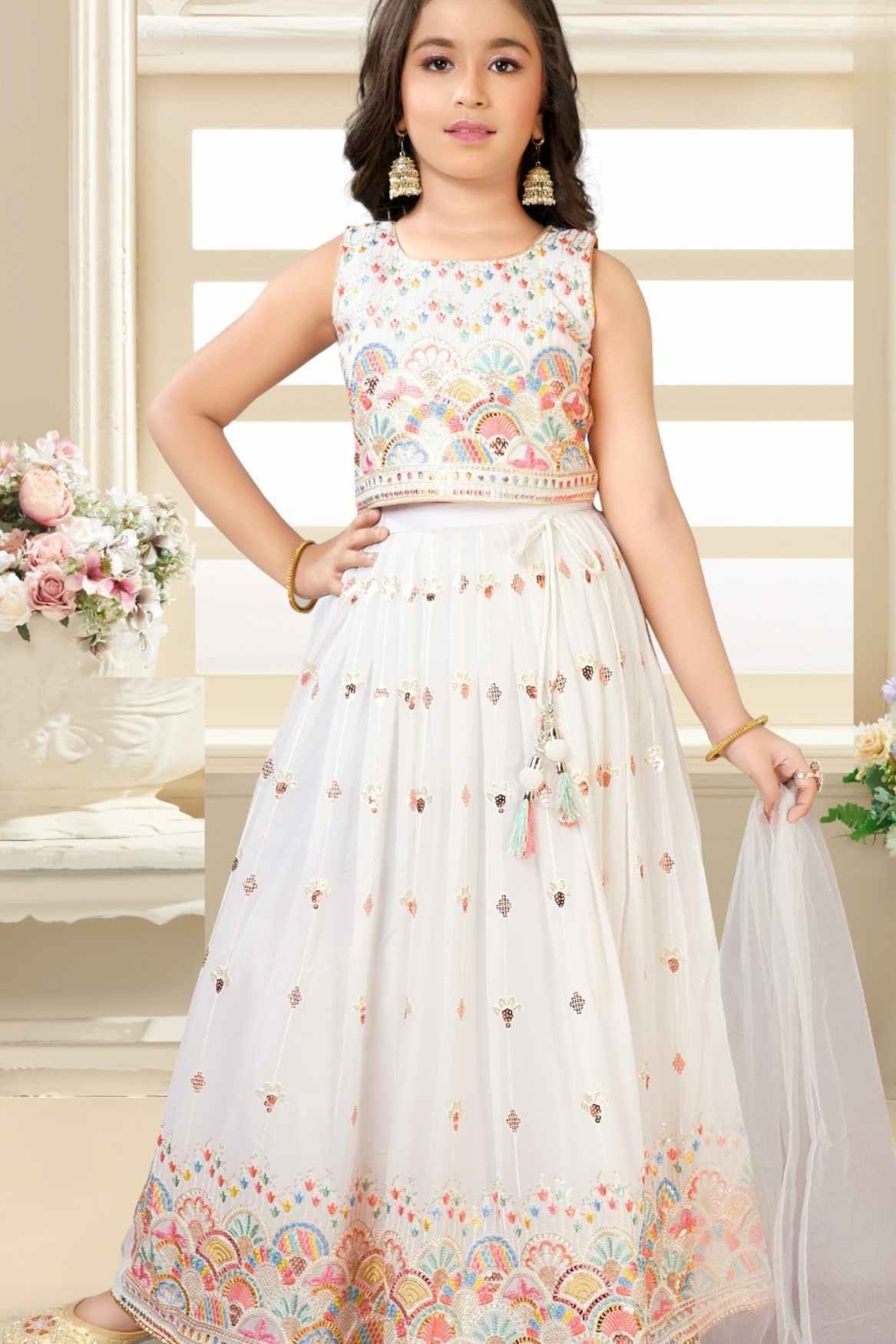 Cream Sequins Embroidered Lehenga Choli Set For Girls