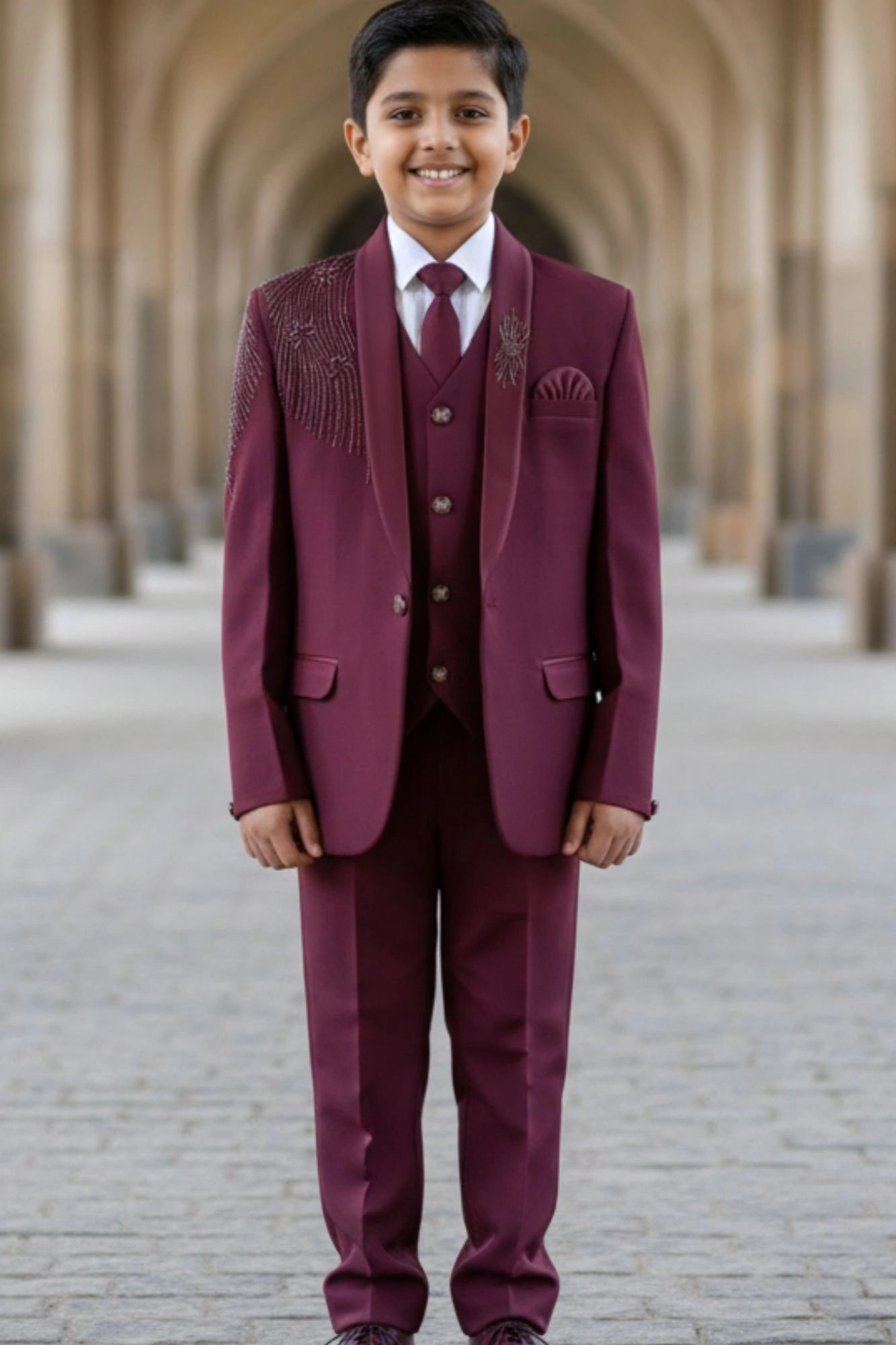Maroon Premium Boys 5-Piece Suit Set For Boys