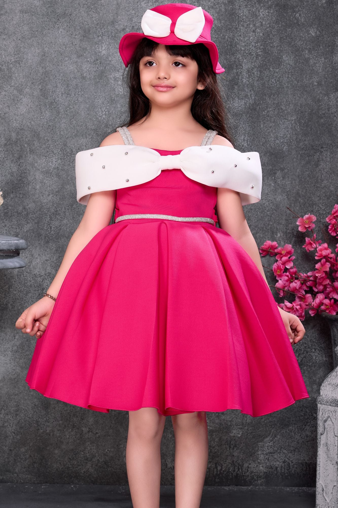 Hot Pink Off-Shoulder Bow Party Wear Frock with Matching Hat For Girls