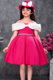 Hot Pink Off-Shoulder Bow Party Wear Frock with Matching Hat For Girls