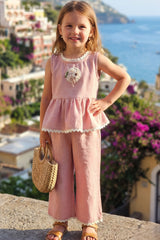Girls Blush Pink Peplum Co-Ord Set With Floral Applique And Lace Detailing