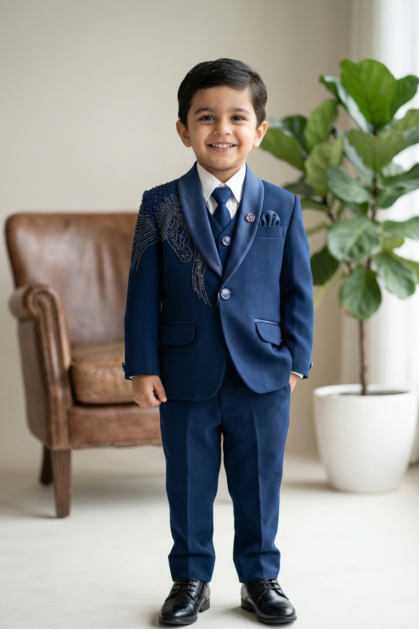 Blue Embroidered 5-Piece Suit Set For Boys