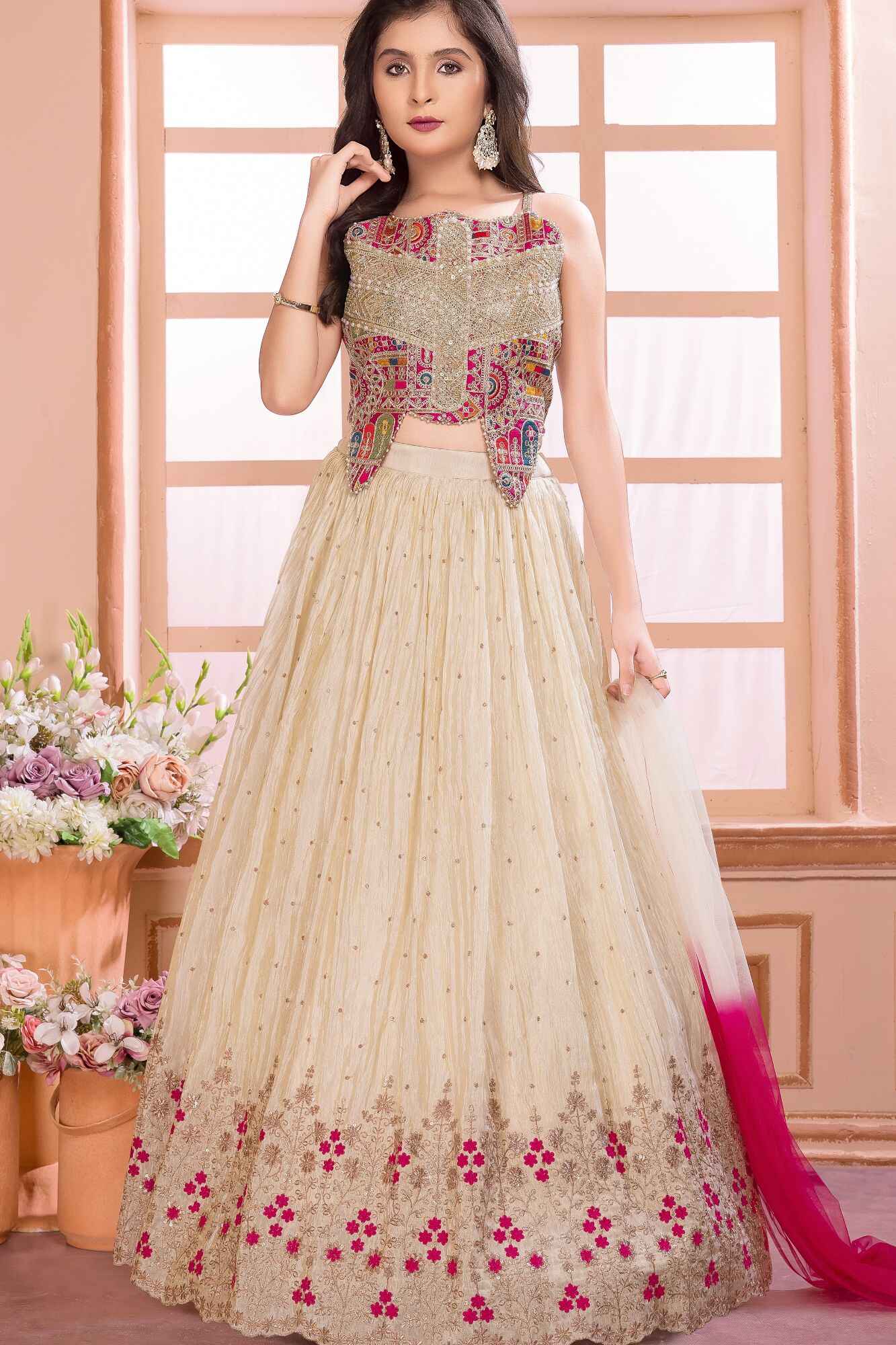 Ivory And Rani Pink Embroidered Lehenga Choli Set With Dupatta For Girls