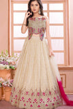 Ivory And Rani Pink Embroidered Lehenga Choli Set With Dupatta For Girls