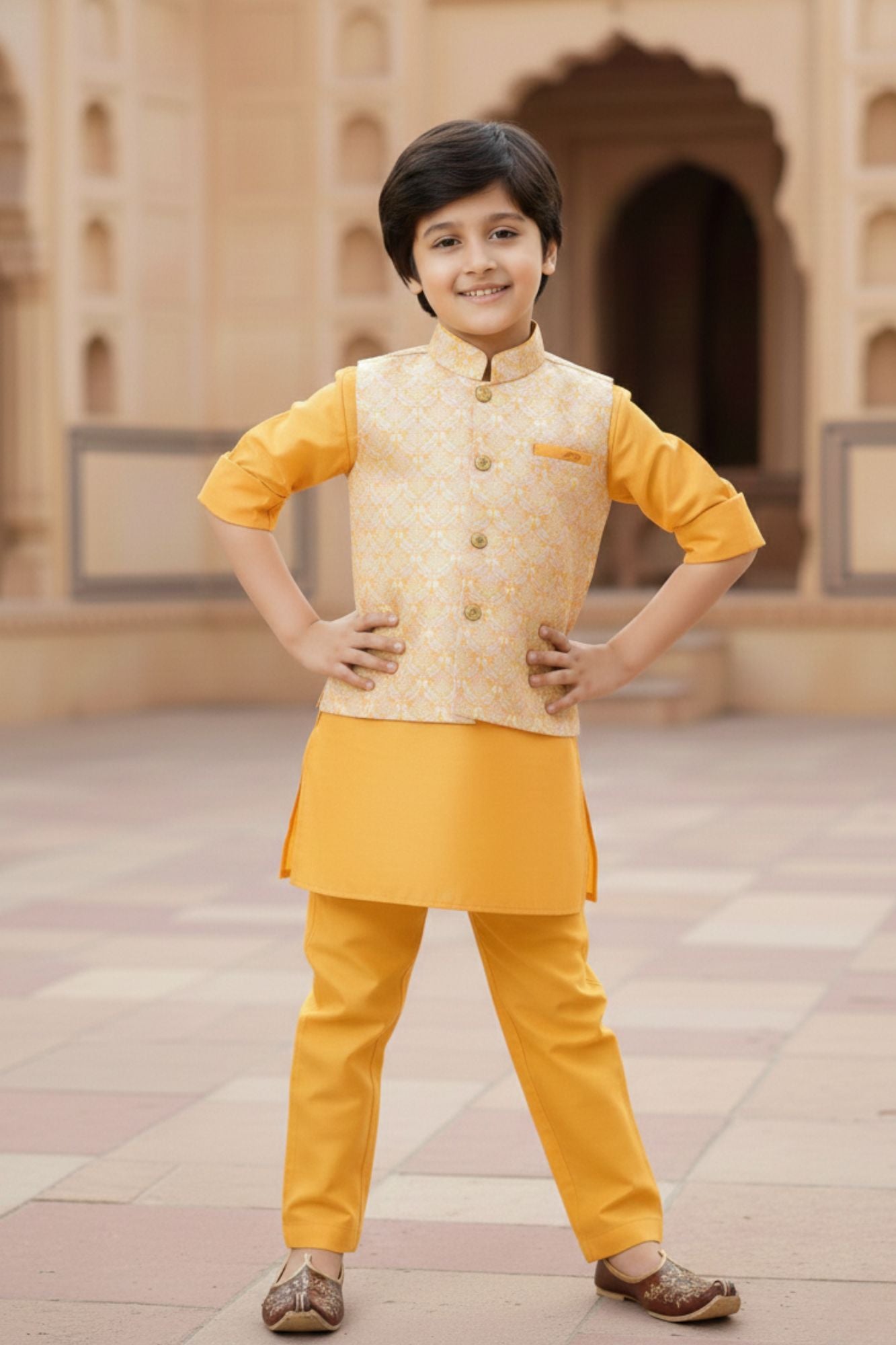Yellow Kurta Set With Printed Bandi For Boys