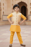 Yellow Kurta Set With Printed Bandi For Boys