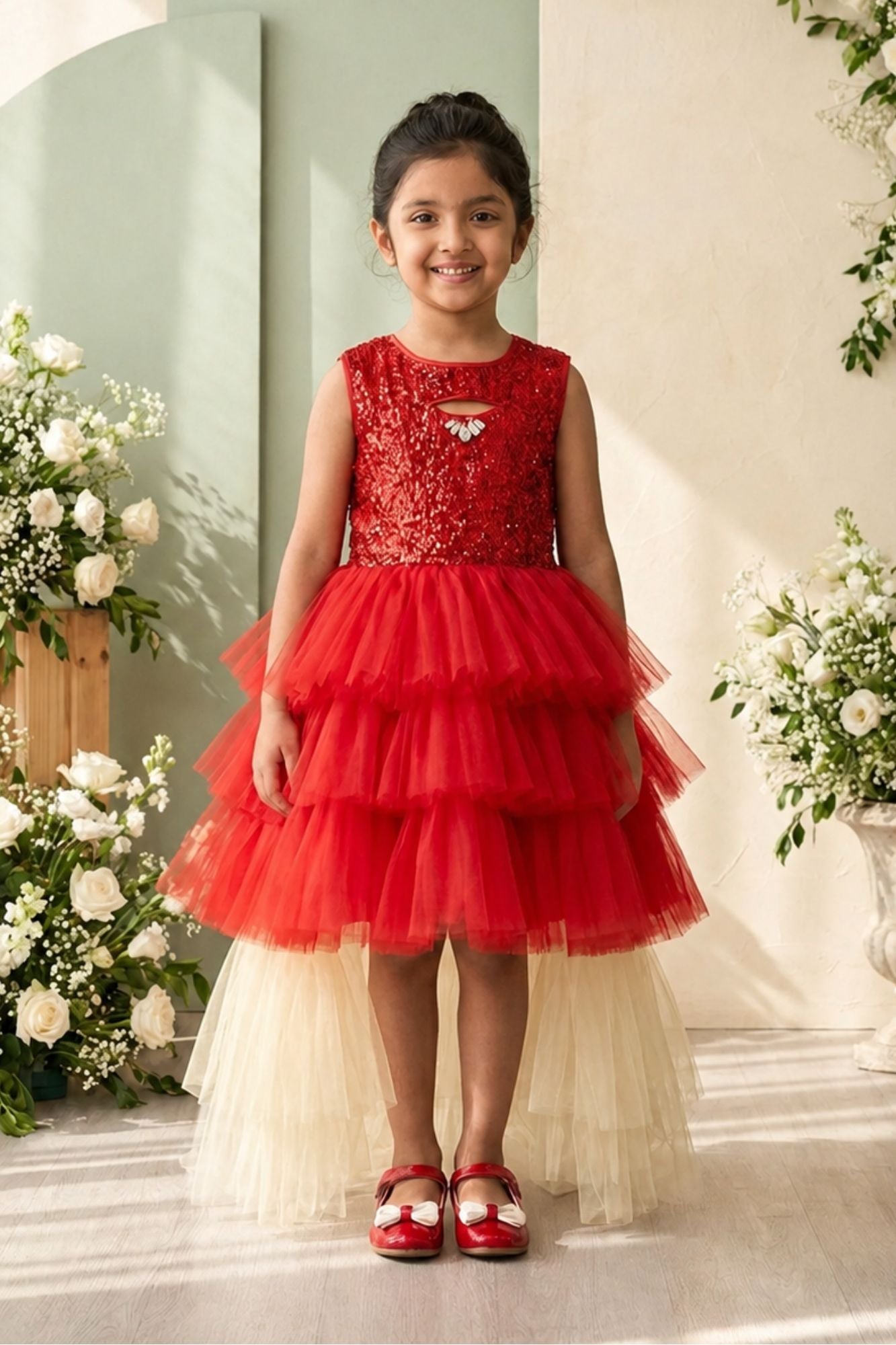 Girls Red Sequin Layered Tail Cut Party Frock