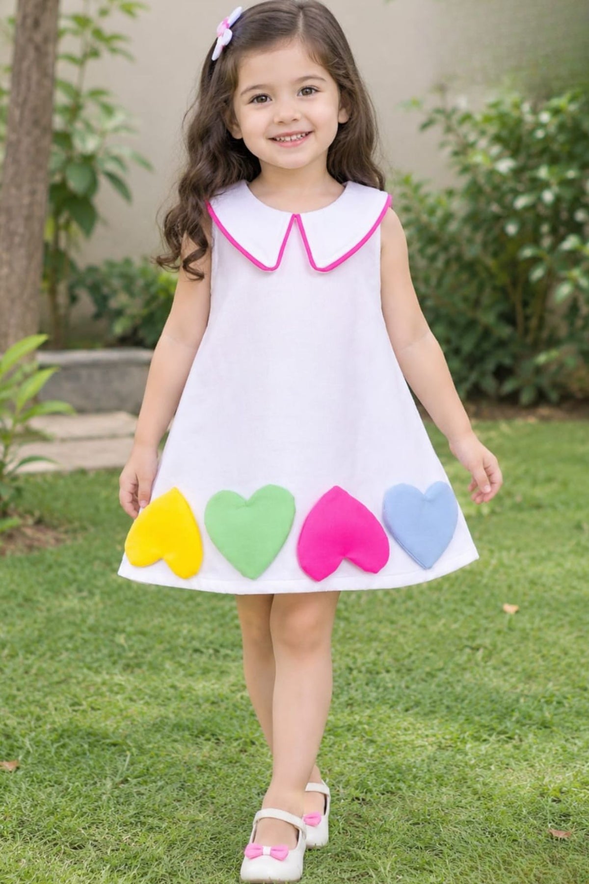 Girls White Heart Applique Party Frock