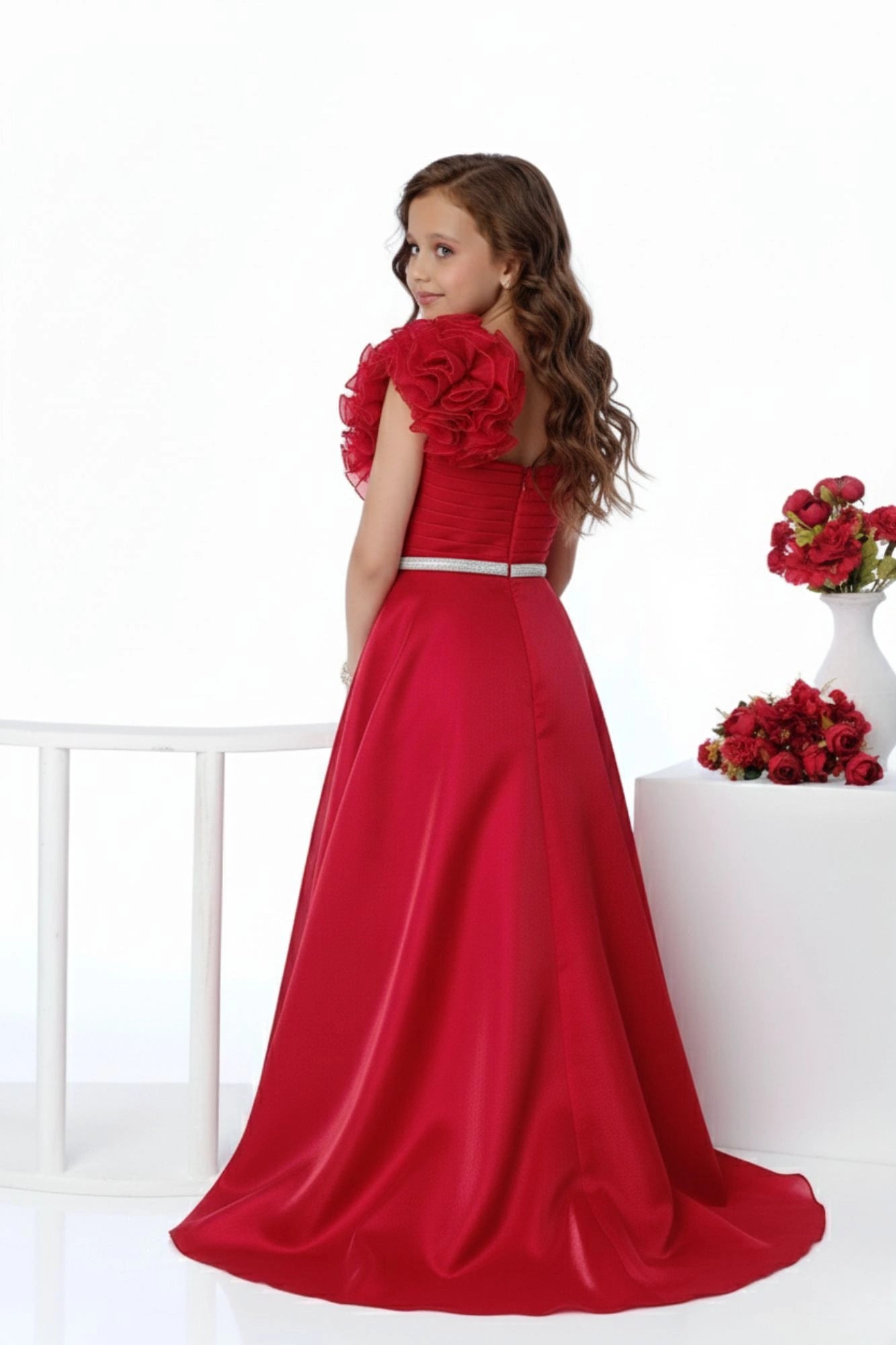 Designer Red Floral Appliqué Party Wear Gown For Girls
