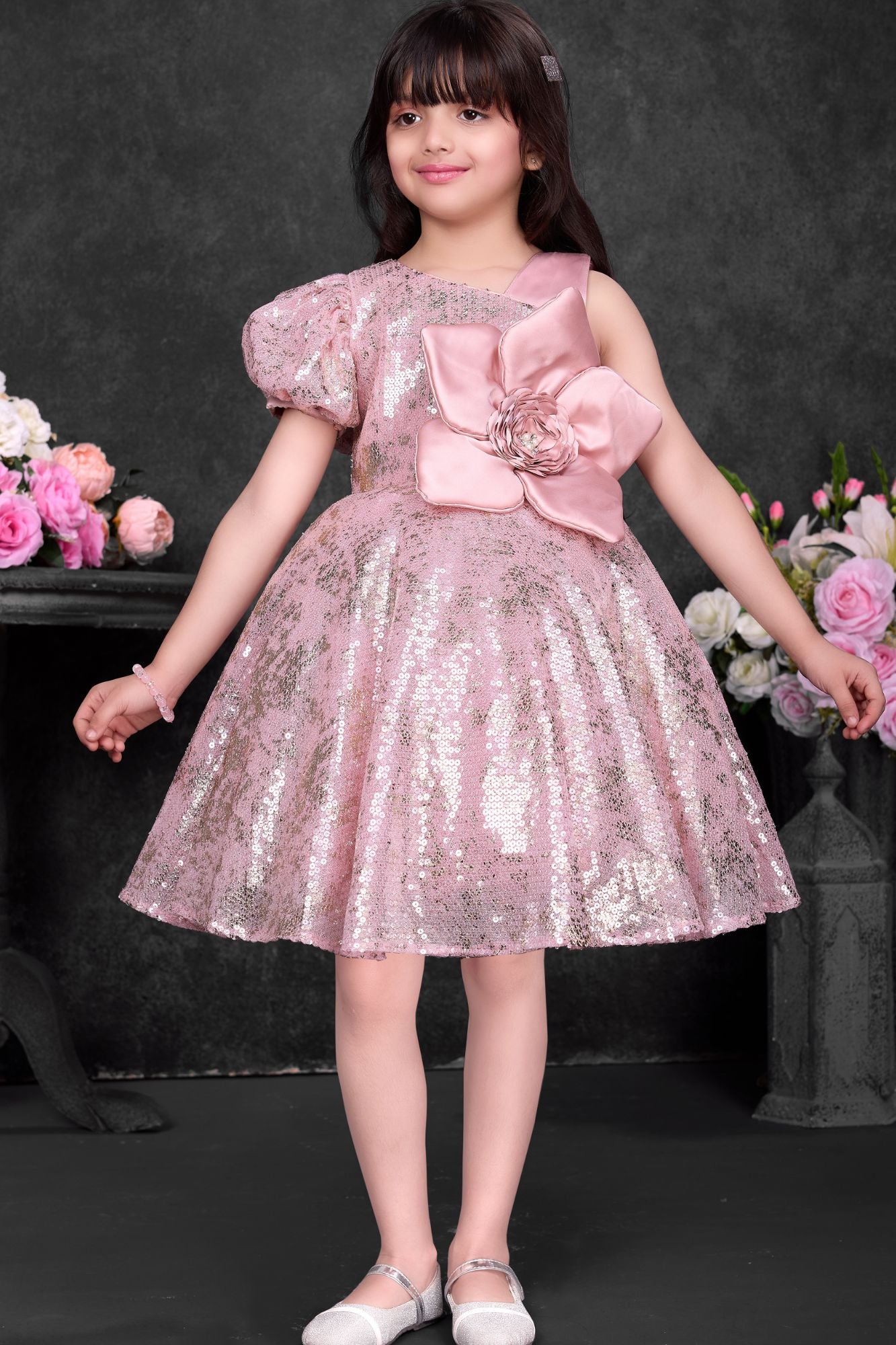 Dusty Pink Sequin Party Wear Frock with Statement Floral Detail For Girls