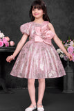 Dusty Pink Sequin Party Wear Frock with Statement Floral Detail For Girls