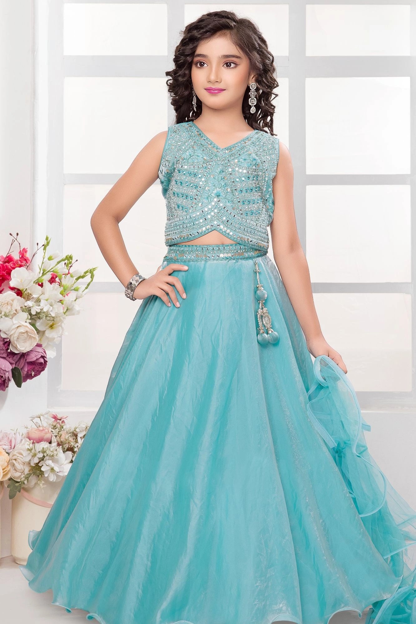 Aqua Blue Mirror Work Embroidered Lehenga Choli For Girls