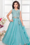 Aqua Blue Mirror Work Embroidered Lehenga Choli For Girls
