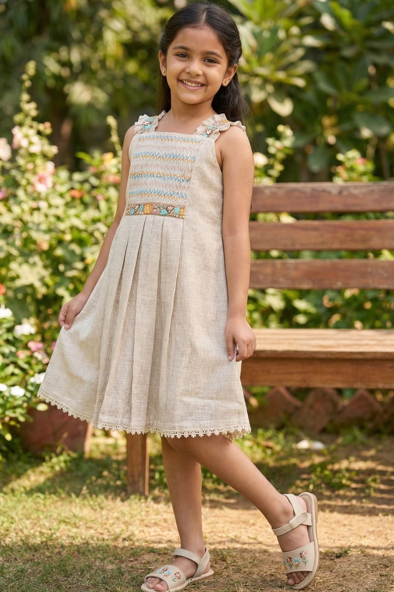 Beige Embroidered Frock With Pleats For Girls