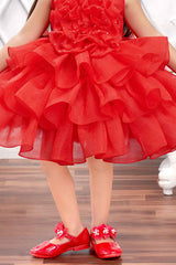 Red Multilayered Frock With Floral Embellished For Girls