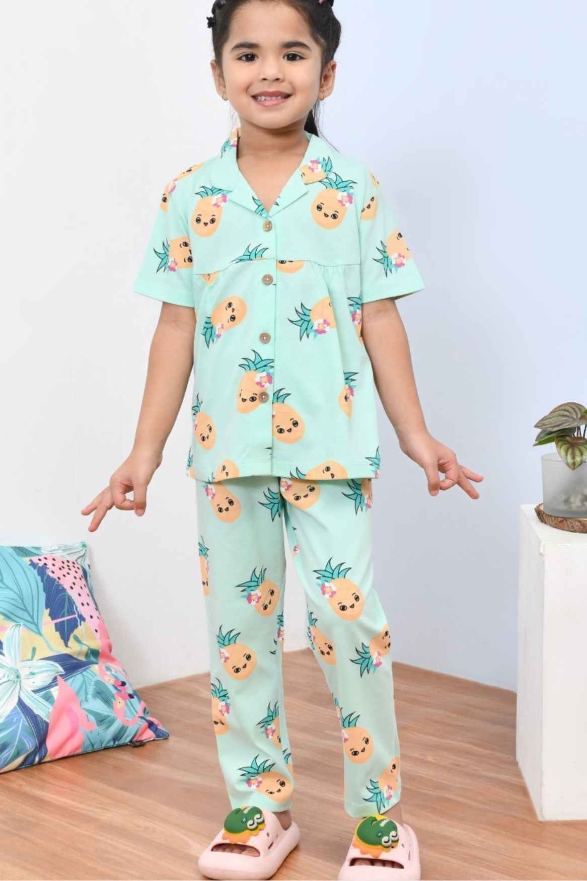Soft & Stylish Mint Green Pineapple Printed Night Suit Set for Girls