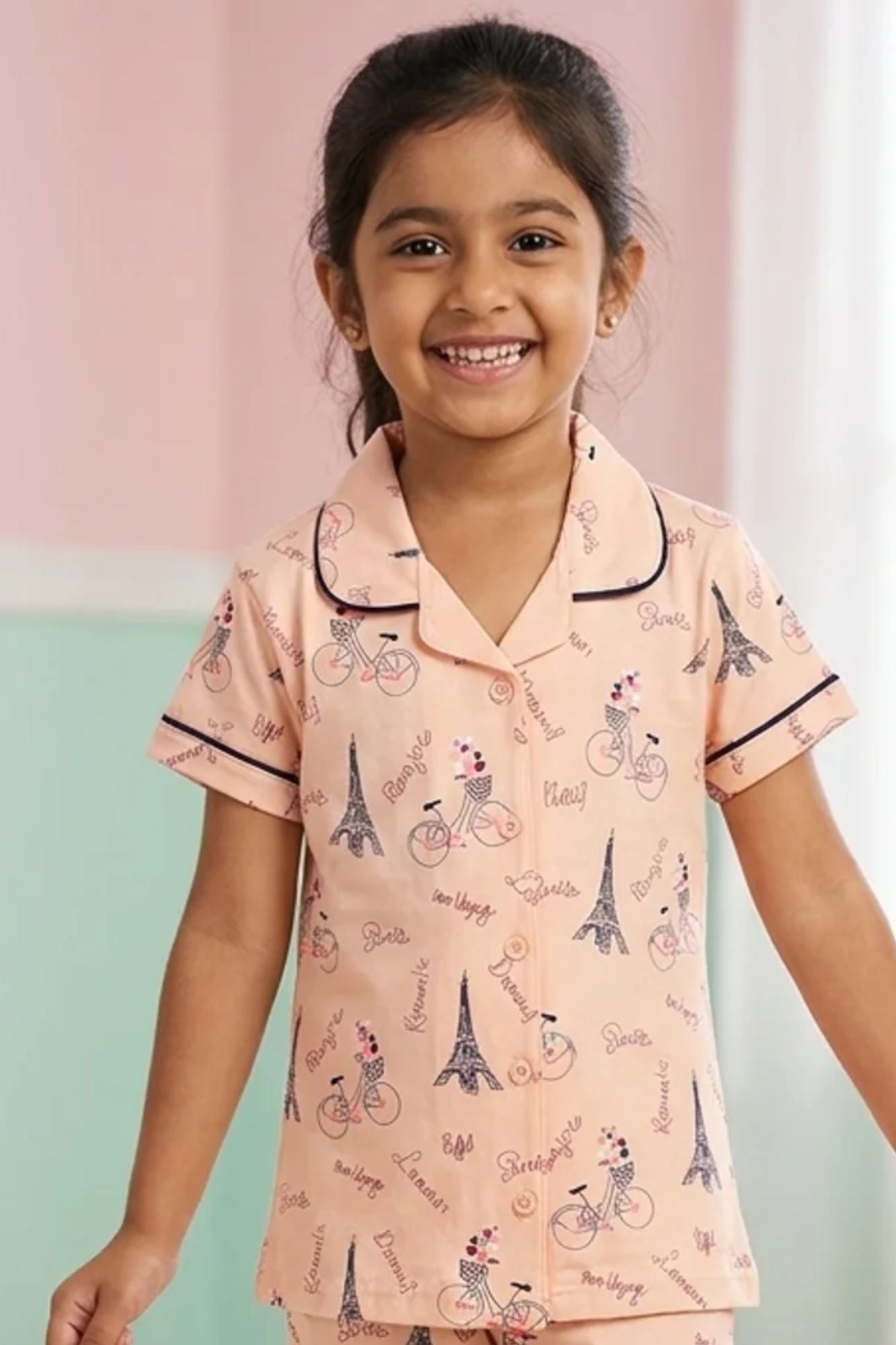 Girls Peach Paris Print  Night Suit Set