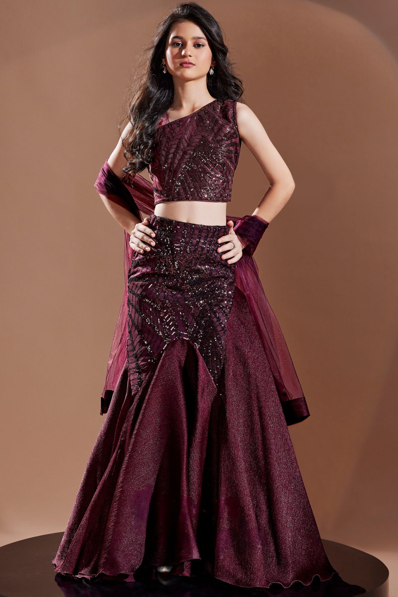 Wine Sequin Embellished Fish Cut Lehenga Set For Girls