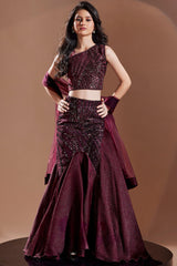 Wine Sequin Embellished Fish Cut Lehenga Set For Girls