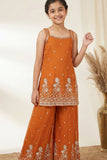Rust Orange Embroidered Kurta with Palazzo Set for Girls