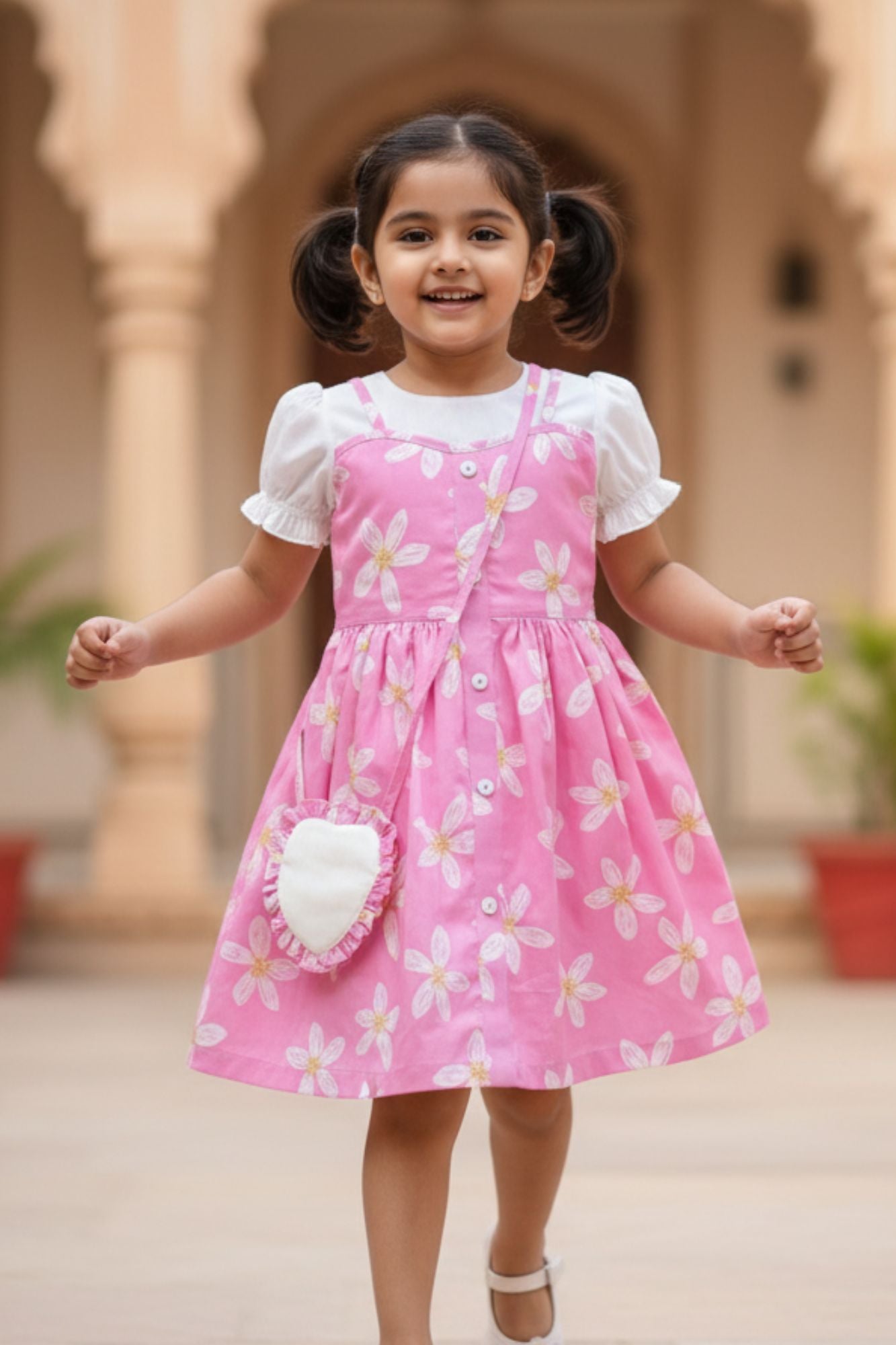Pink Floral Printed Dress And Matching Sling Bag For Girls