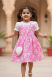 Pink Floral Printed Dress And Matching Sling Bag For Girls
