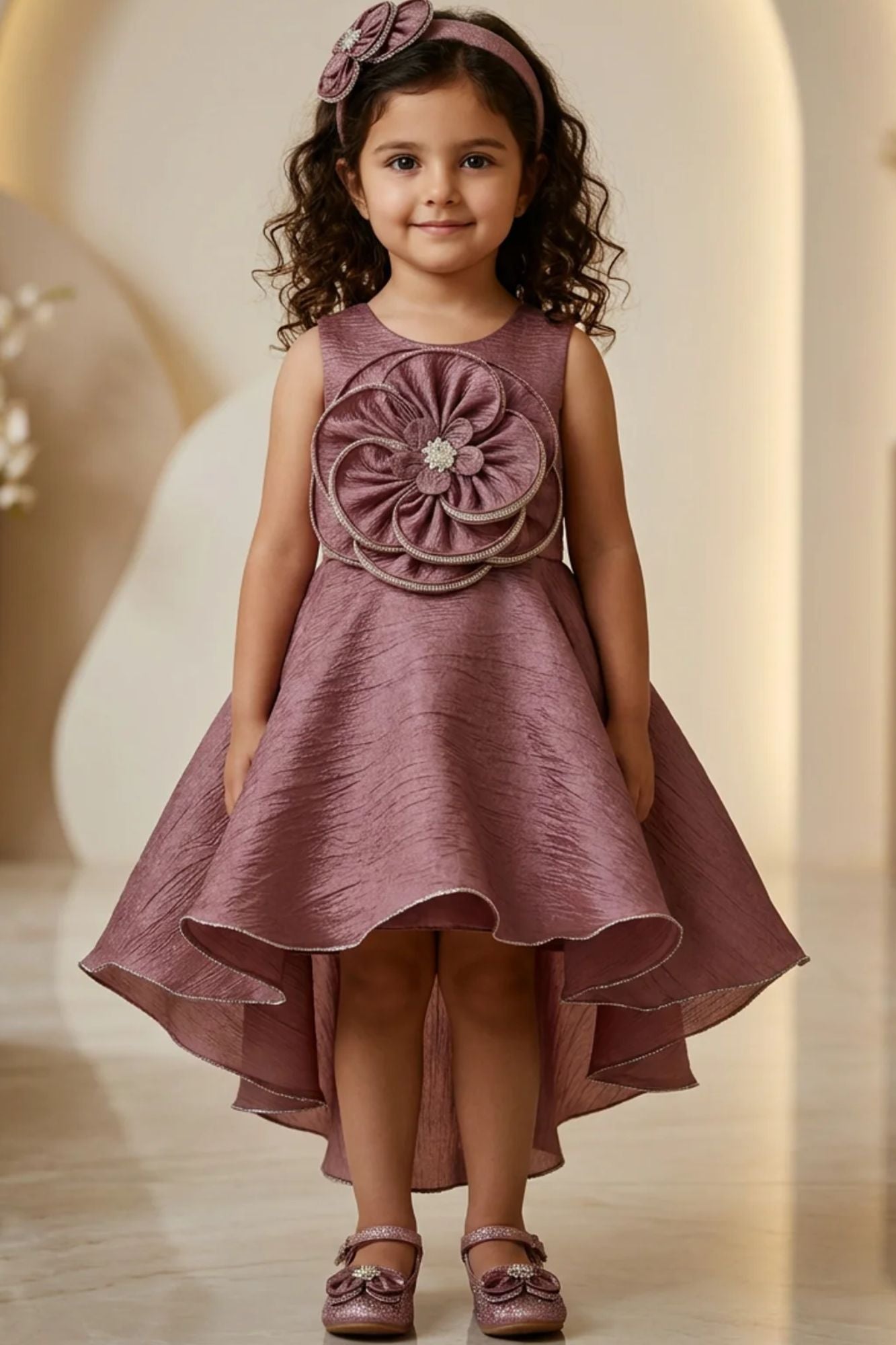 Girls Copper High Low Party Frock with 3D Floral Applique
