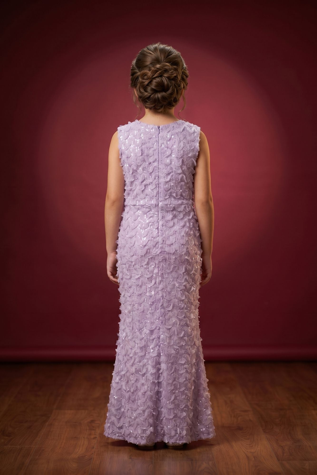 Girls Lavender Sequins Embellished Mermaid Gown with Textured Lace Detailing