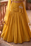 Girls Mustard Yellow  Embroidered Halter Neck Choli Set with Dupatta
