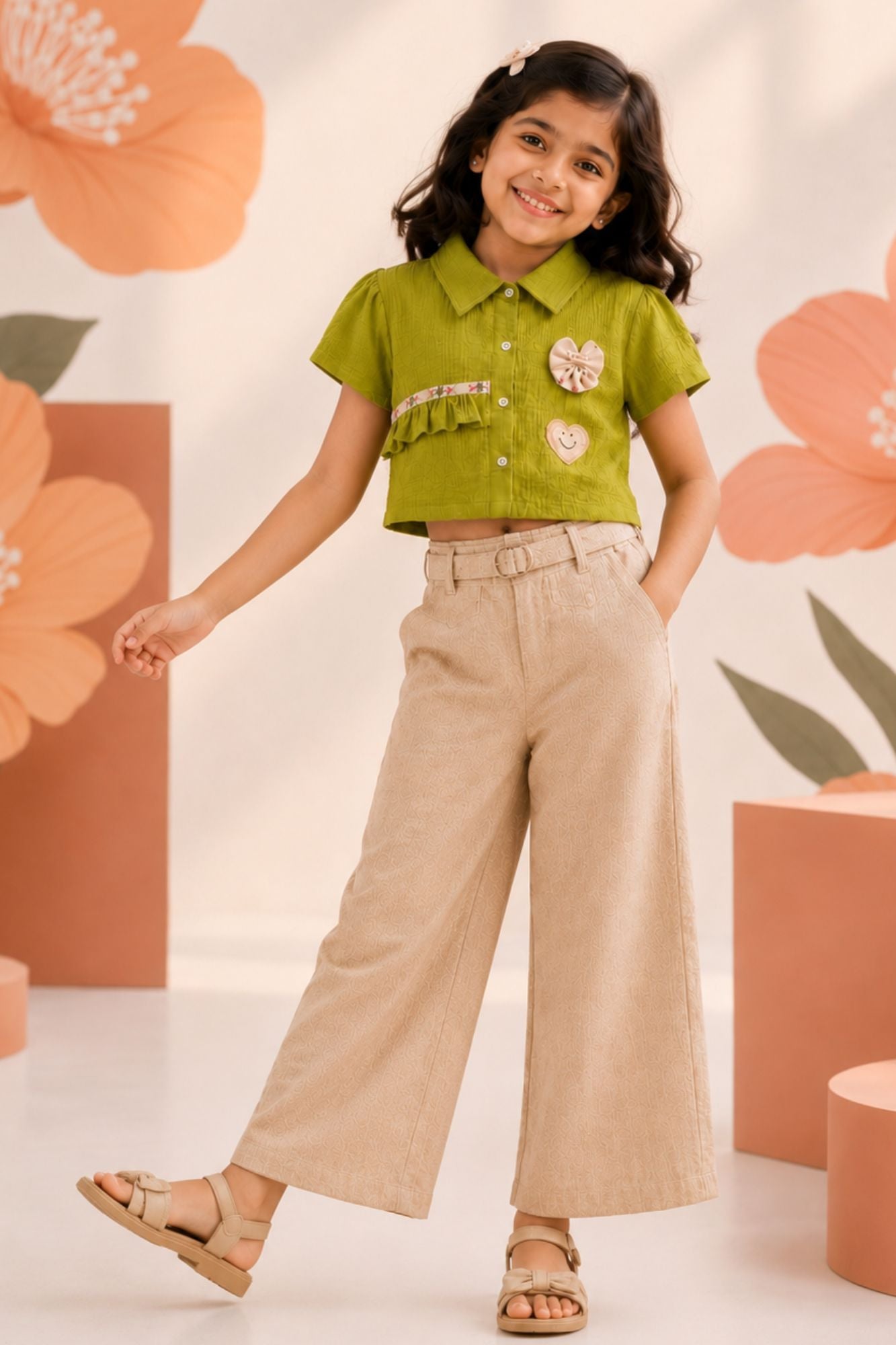 Pista Green Applique Top with Beige Wide Leg Pants Set
