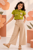 Pista Green Applique Top with Beige Wide Leg Pants Set
