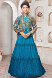 Teal Blue Printed Jacket Style Lehenga Set for Girls