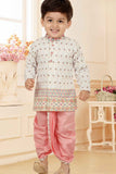 Multicolor Printed And Embroidery Full Sleeves Kurta With Pink Dhoti Set For Boys