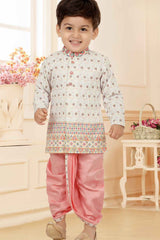 Multicolor Printed And Embroidery Full Sleeves Kurta With Pink Dhoti Set For Boys