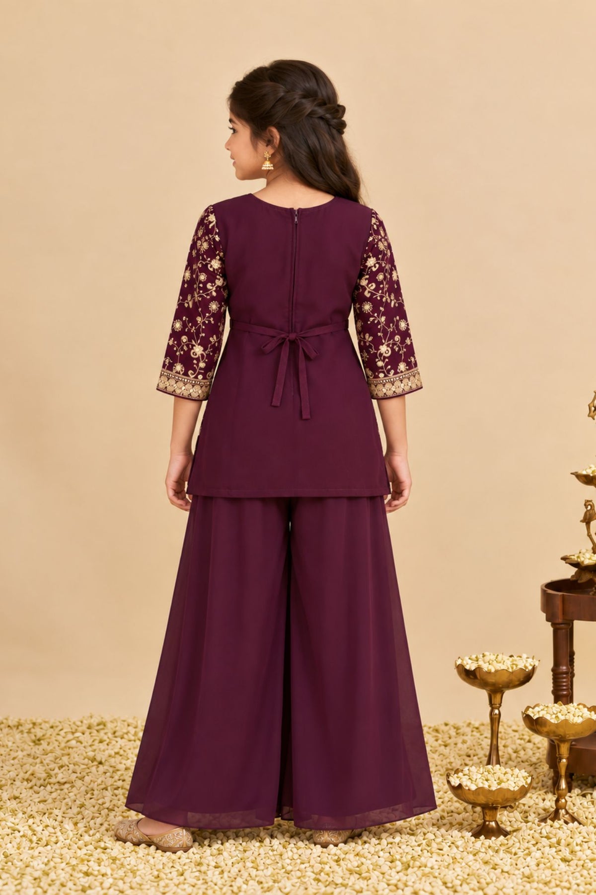 Girls Wine Sequin Embroidered Palazzo Set with Dupatta