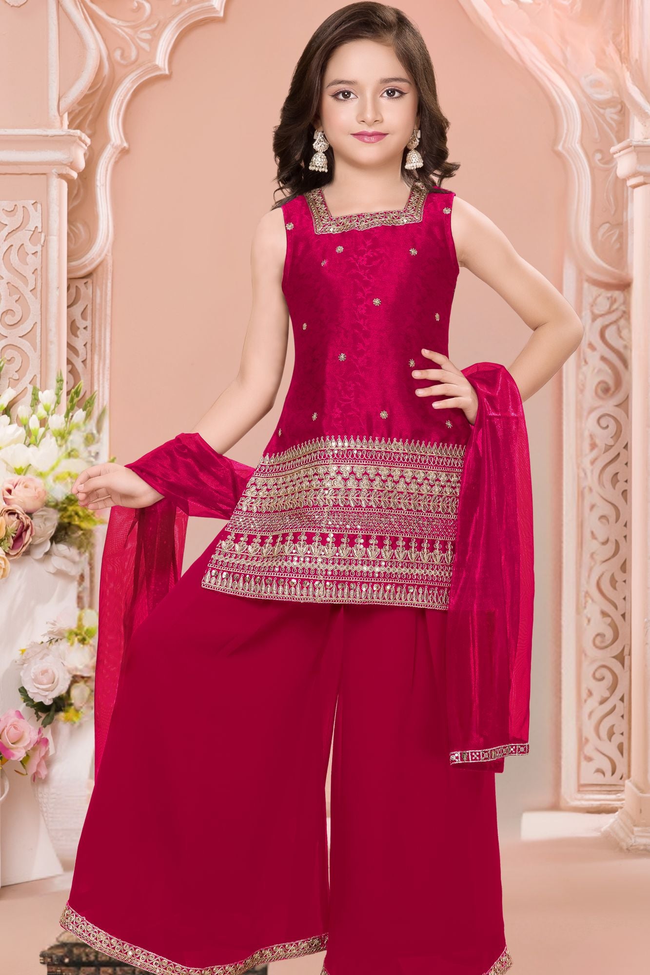 Rani Pink Embroidered Palazzo Set For Girls