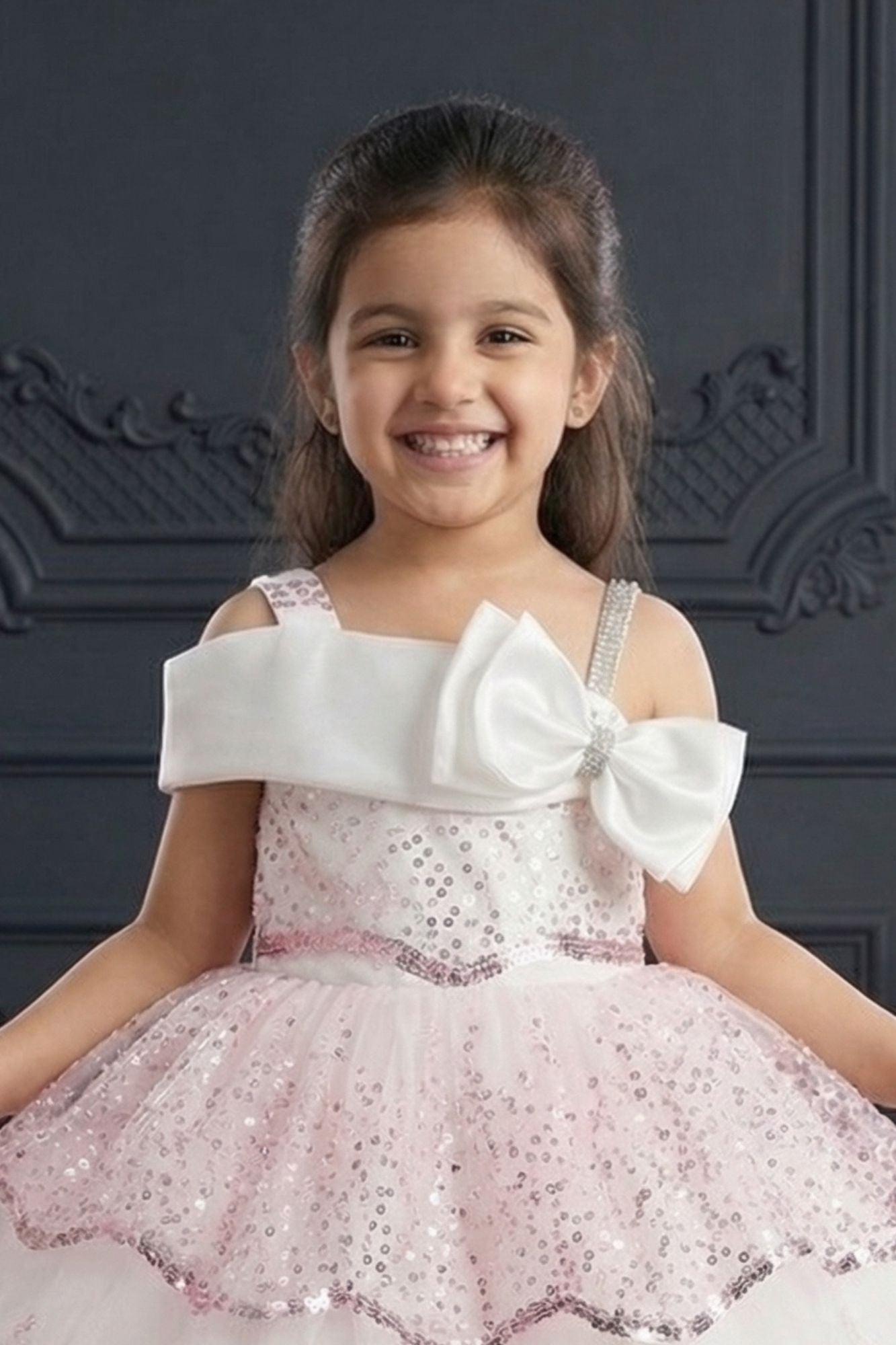 Pink Sequin Layered Ruffle Party Wear Frock With Statement Bow For Gir –  Lagorii Kids